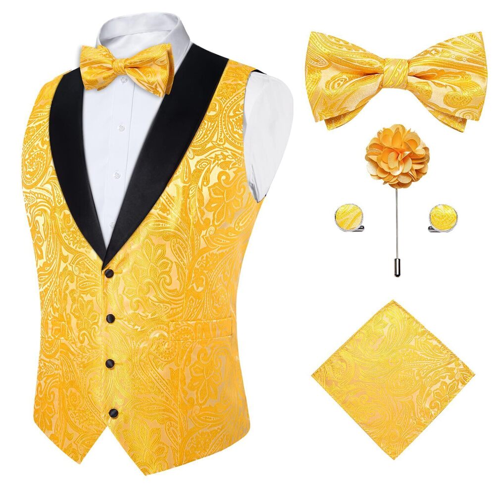 4356 Bright Yellow Vest Bowtie Set Silk Paisley Waistcoat and Bowtie Pocket